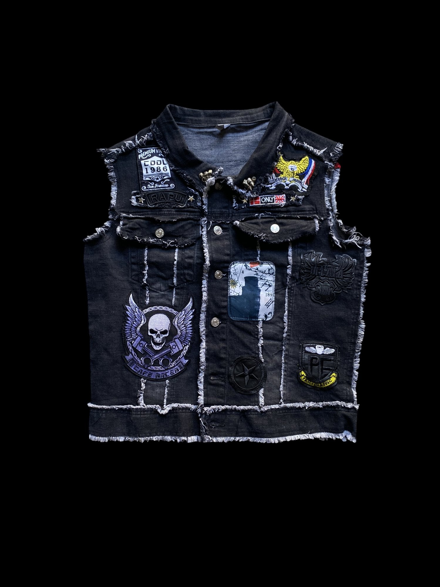 Patchwork Skull Graphic Denim Vest Black