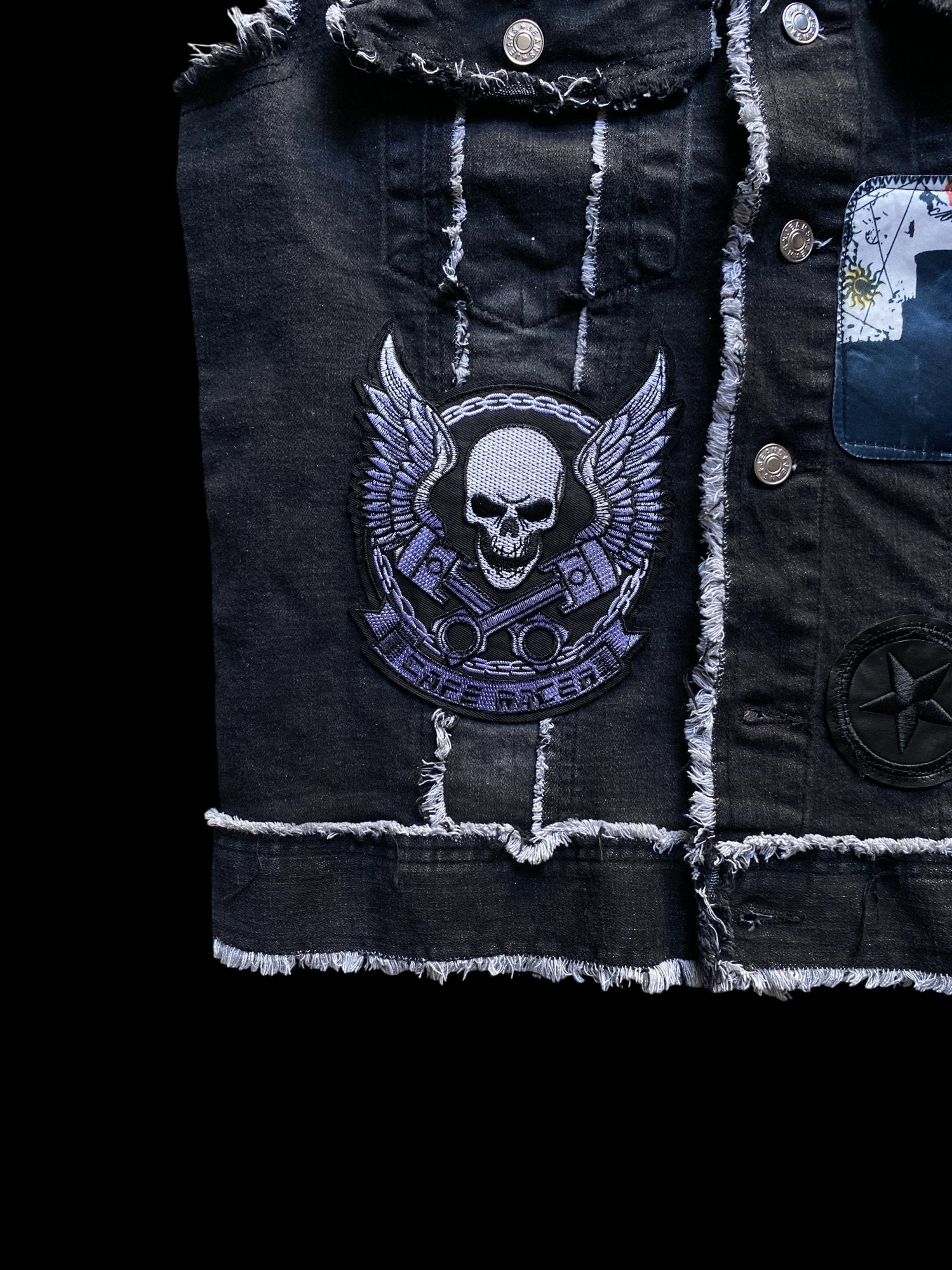 Patchwork Skull Graphic Denim Vest Black
