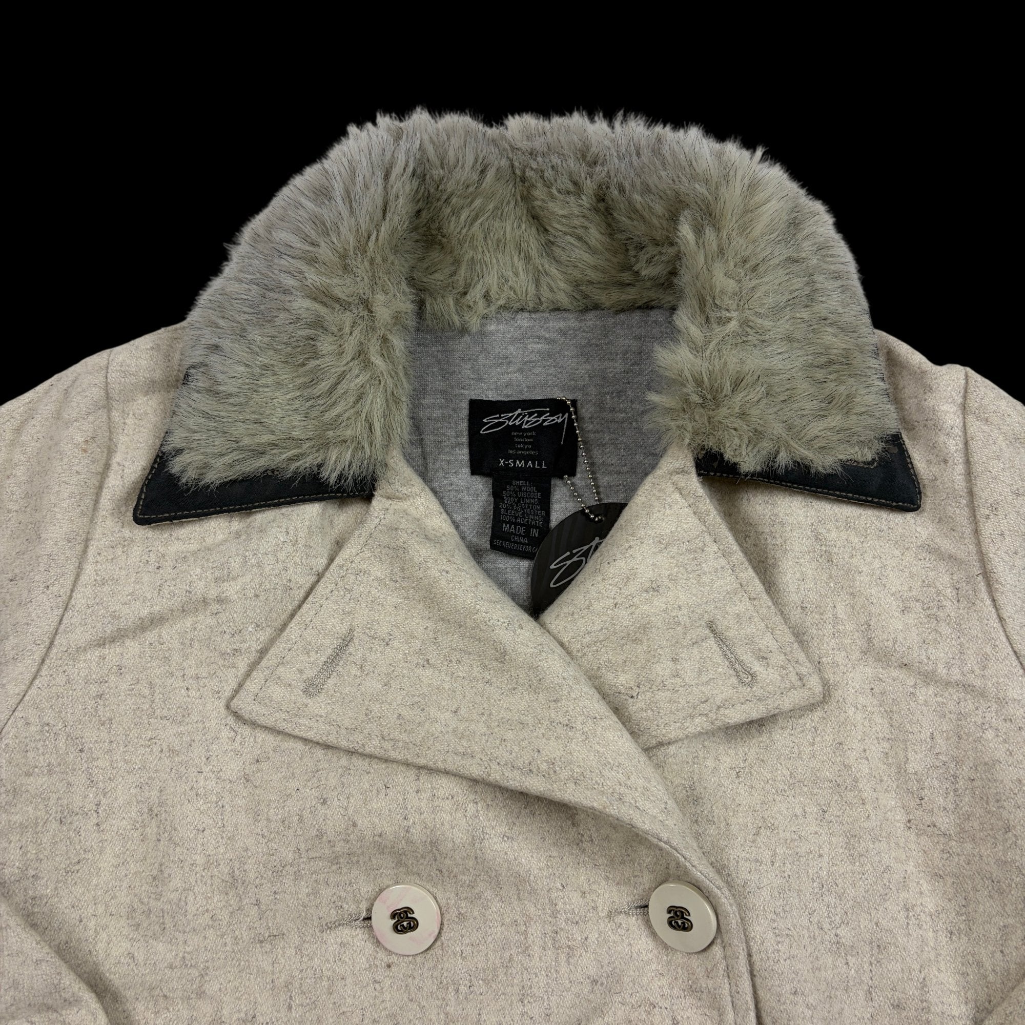 00' Stussy Faux Fur Collar Pea Coat