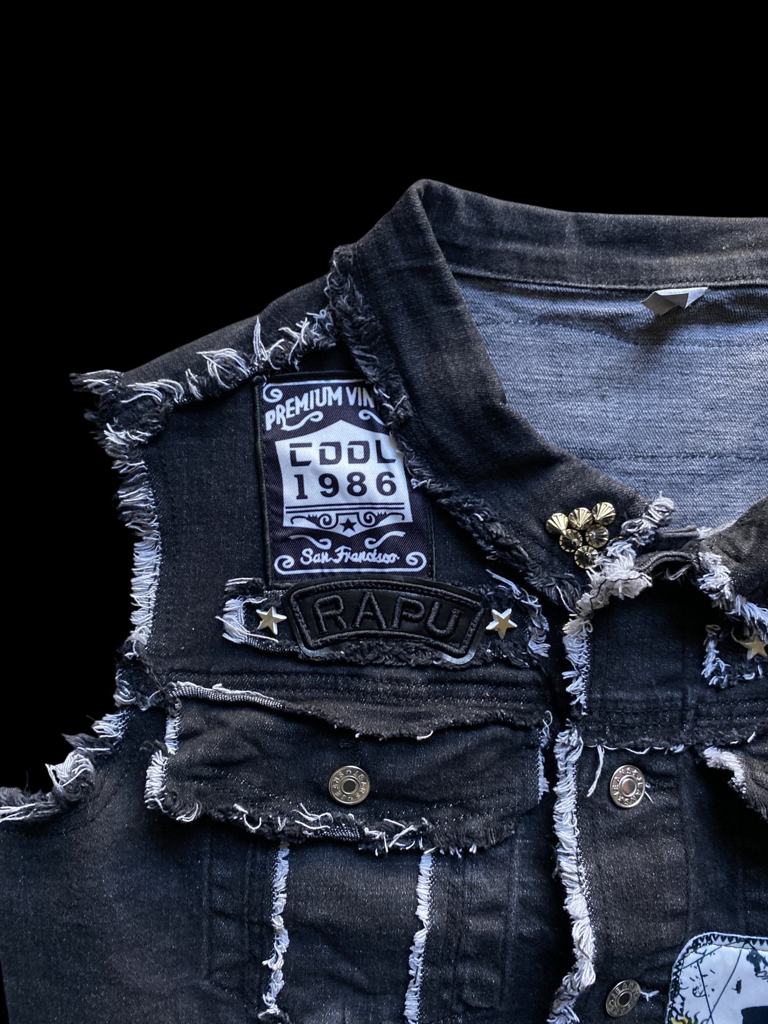 Patchwork Skull Graphic Denim Vest Black
