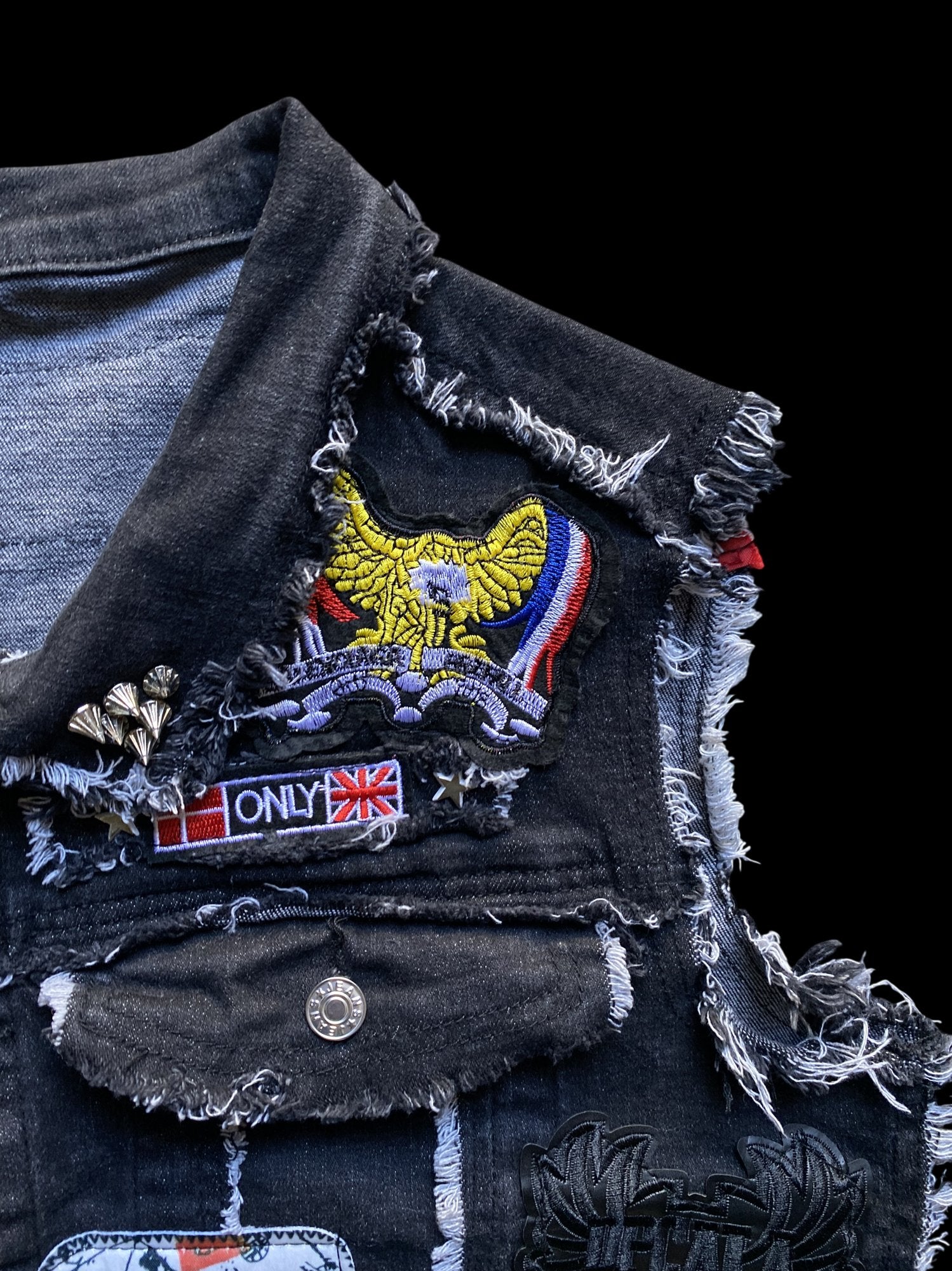 Patchwork Skull Graphic Denim Vest Black